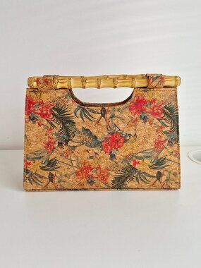 Floral Cork & Bamboo Handle Structured Handbag